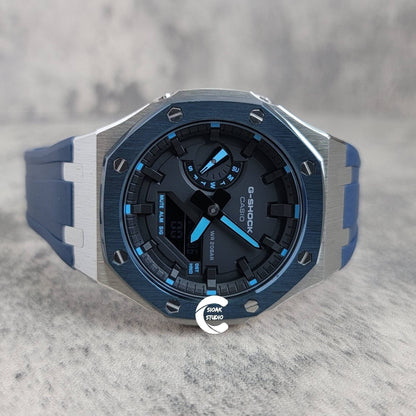 Casioak Mod Watch Blue Silver Case Blue Rubber Strap Black Time Mark Black Dial 44mm- Casioak Mod Casio G-Shock Royal Oak Custom Mens Luxury Watches Ga2100