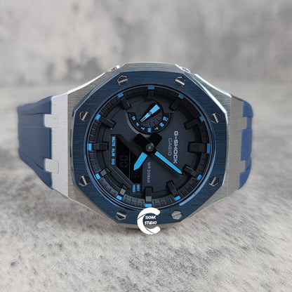 Casioak Mod Watch Blue Silver Case Blue Rubber Strap Black Time Mark Black Dial 44mm- Casioak Mod Casio G-Shock Royal Oak Custom Mens Luxury Watches Ga2100
