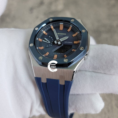 Casioak Mod Watch Blue Silver Case Blue Rubber Strap Blue Rose Gold Time Mark Blue Dial 44mm- Casioak Mod Casio G-Shock Royal Oak Custom Mens Luxury Watches Ga2100