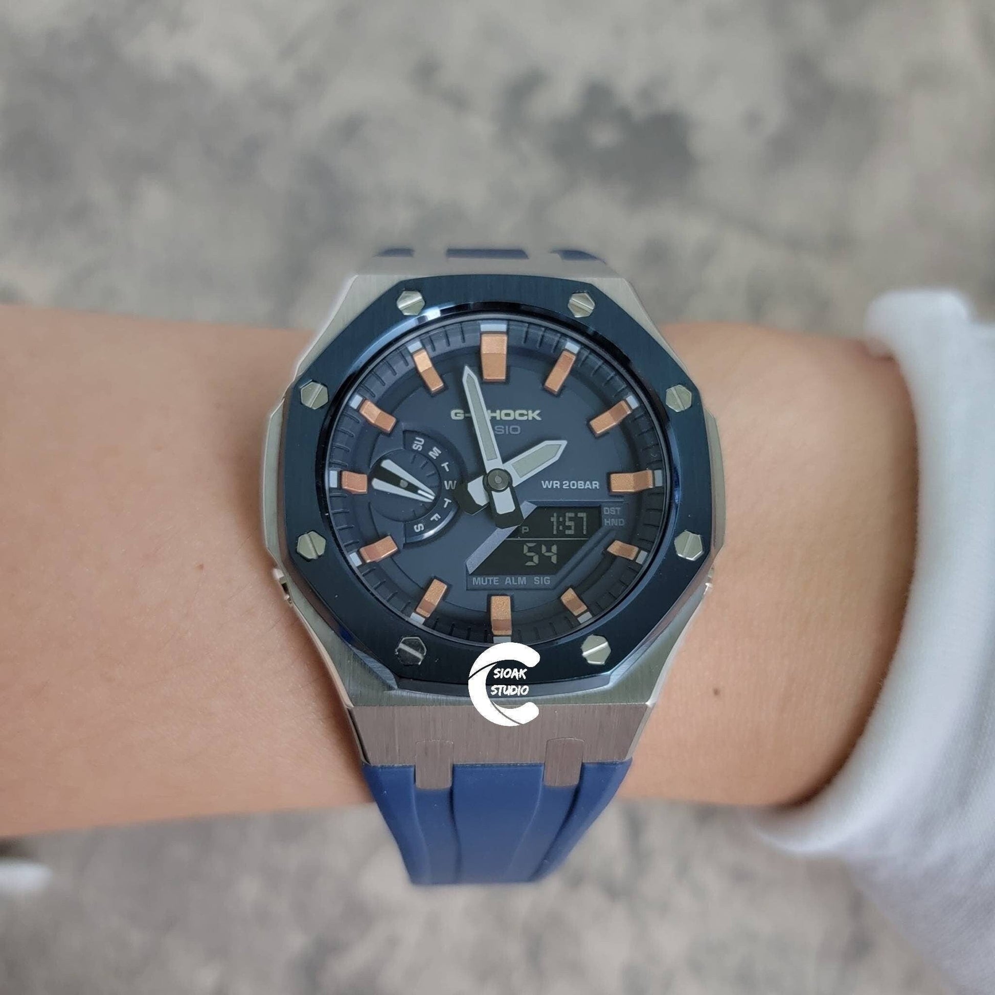 Casioak Mod Watch Blue Silver Case Blue Rubber Strap Blue Rose Gold Time Mark Blue Dial 44mm- Casioak Mod Casio G-Shock Royal Oak Custom Mens Luxury Watches Ga2100