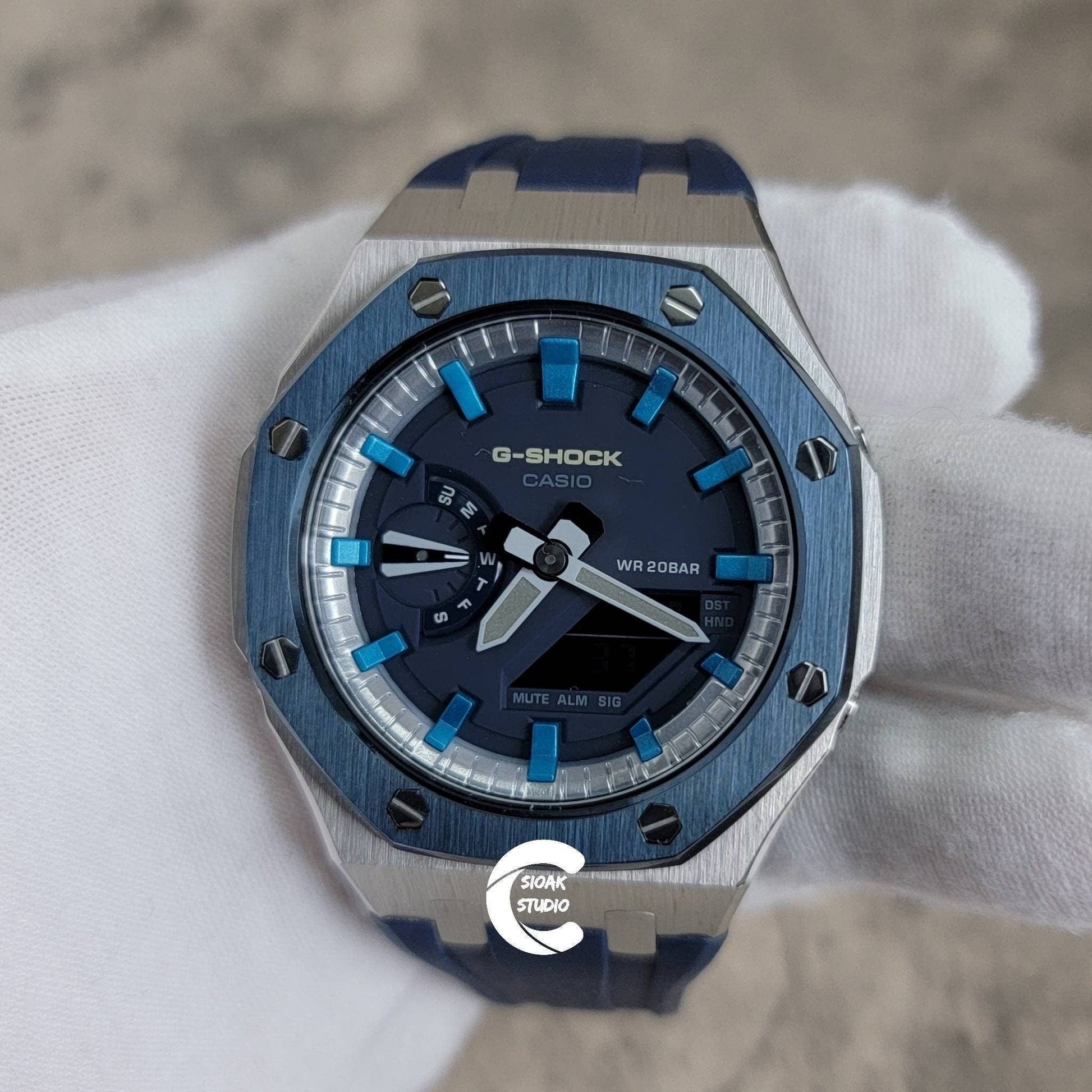 Casioak Mod Watch Blue Silver Case Blue Rubber Strap Silver Blue Time Mark Blue Dial 44mm- Casioak Mod Casio G-Shock Royal Oak Custom Mens Luxury Watches Ga2100