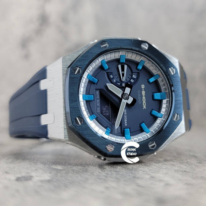 Casioak Mod Watch Blue Silver Case Blue Rubber Strap Silver Blue Time Mark Blue Dial 44mm- Casioak Mod Casio G-Shock Royal Oak Custom Mens Luxury Watches Ga2100