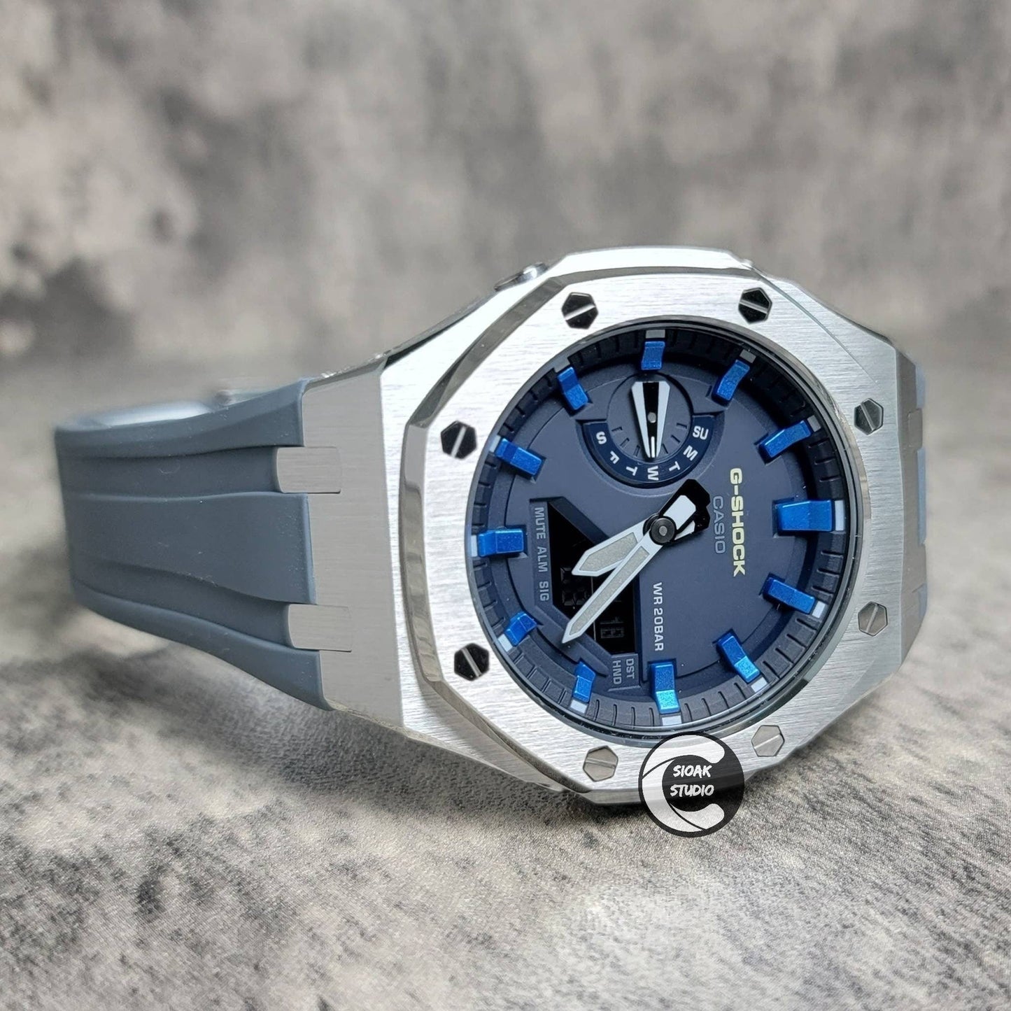 Casioak Mod Watch Blue Silver Case Gray Rubber Strap Blue Blue Time Mark Blue Dial 44mm- Casioak Mod Casio G-Shock Royal Oak Custom Mens Luxury Watches Ga2100