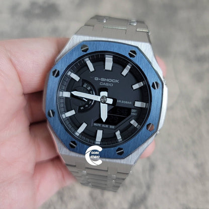 Casioak Mod Watch Blue Silver Case Metal Strap Black White Time Mark Black Dial 44mm- Casioak Mod Casio G-Shock Royal Oak Custom Mens Luxury Watches Ga2100