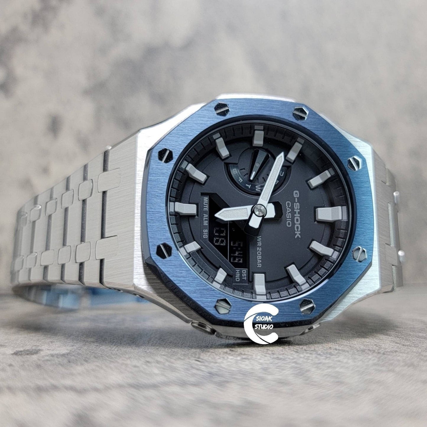 Casioak Mod Watch Blue Silver Case Metal Strap Black White Time Mark Black Dial 44mm- Casioak Mod Casio G-Shock Royal Oak Custom Mens Luxury Watches Ga2100