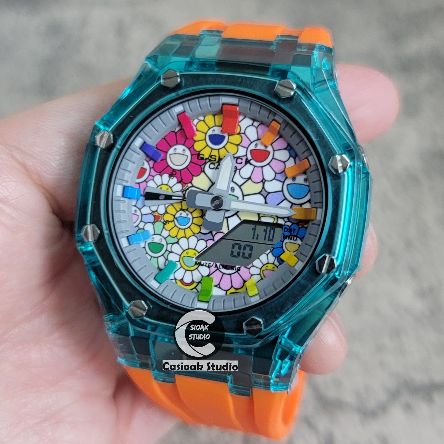 Casioak Mod Watch Blue Transparent Case Orange Strap Gray Rainbow Time Mark Takashi Murakami Dial 44mm- Casioak Mod Casio G-Shock Royal Oak Custom Mens Luxury Watches Ga2100