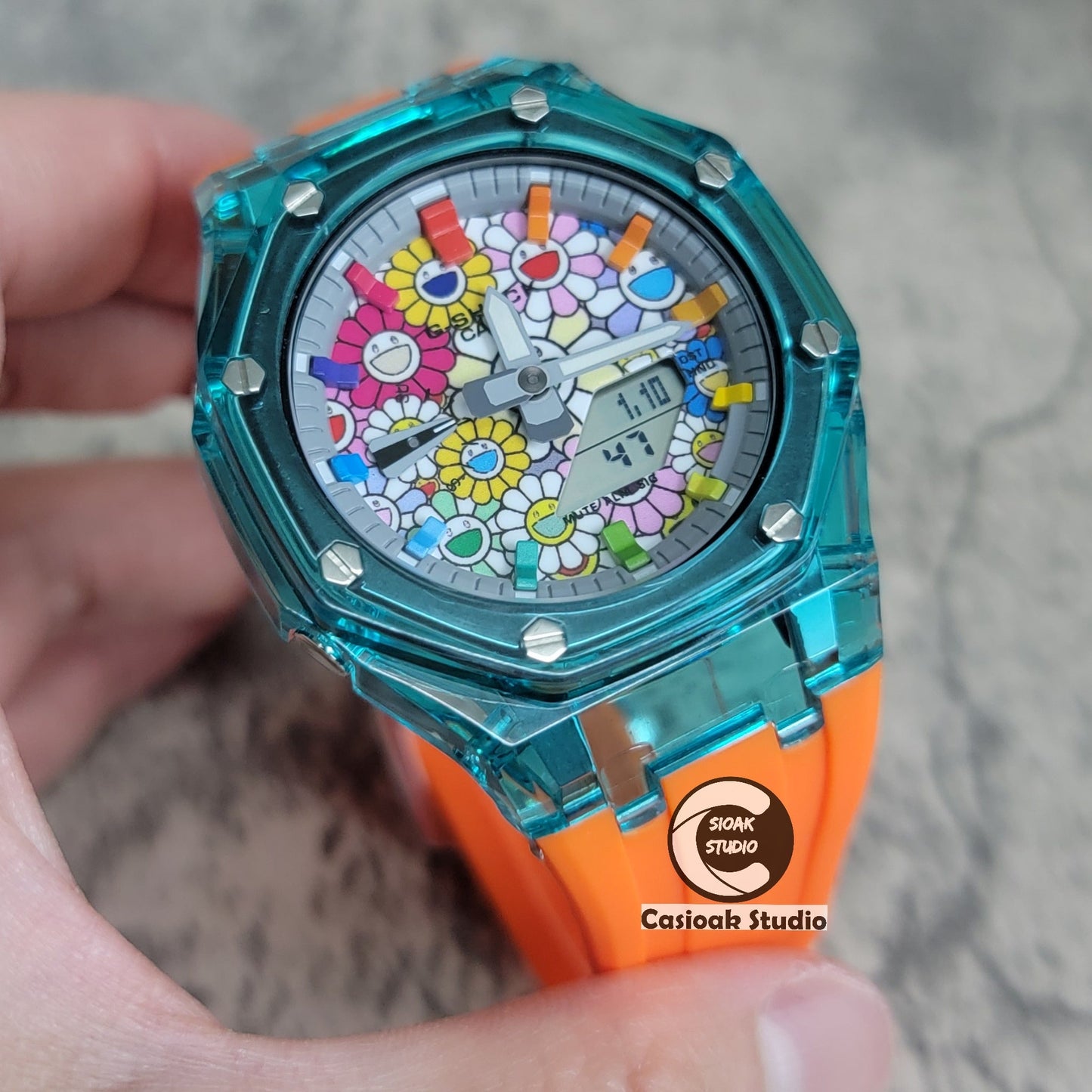 Casioak Mod Watch Blue Transparent Case Orange Strap Gray Rainbow Time Mark Takashi Murakami Dial 44mm- Casioak Mod Casio G-Shock Royal Oak Custom Mens Luxury Watches Ga2100