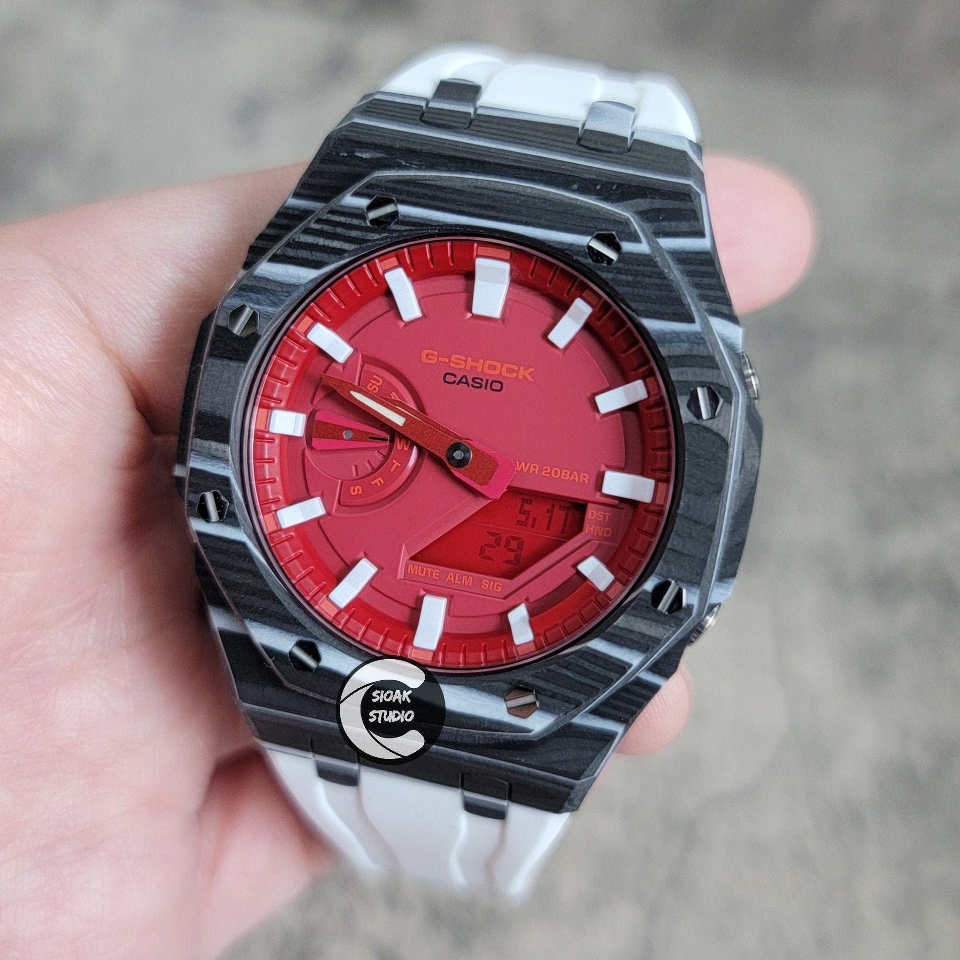 Casioak Mod Watch Carbon Black Case White Strap Time Mark Red Dial 44mm- Casioak Mod Casio G-Shock Royal Oak Custom Mens Luxury Watches Ga2100