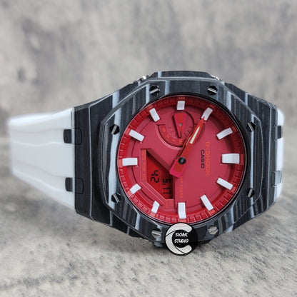 Casioak Mod Watch Carbon Black Case White Strap Time Mark Red Dial 44mm- Casioak Mod Casio G-Shock Royal Oak Custom Mens Luxury Watches Ga2100