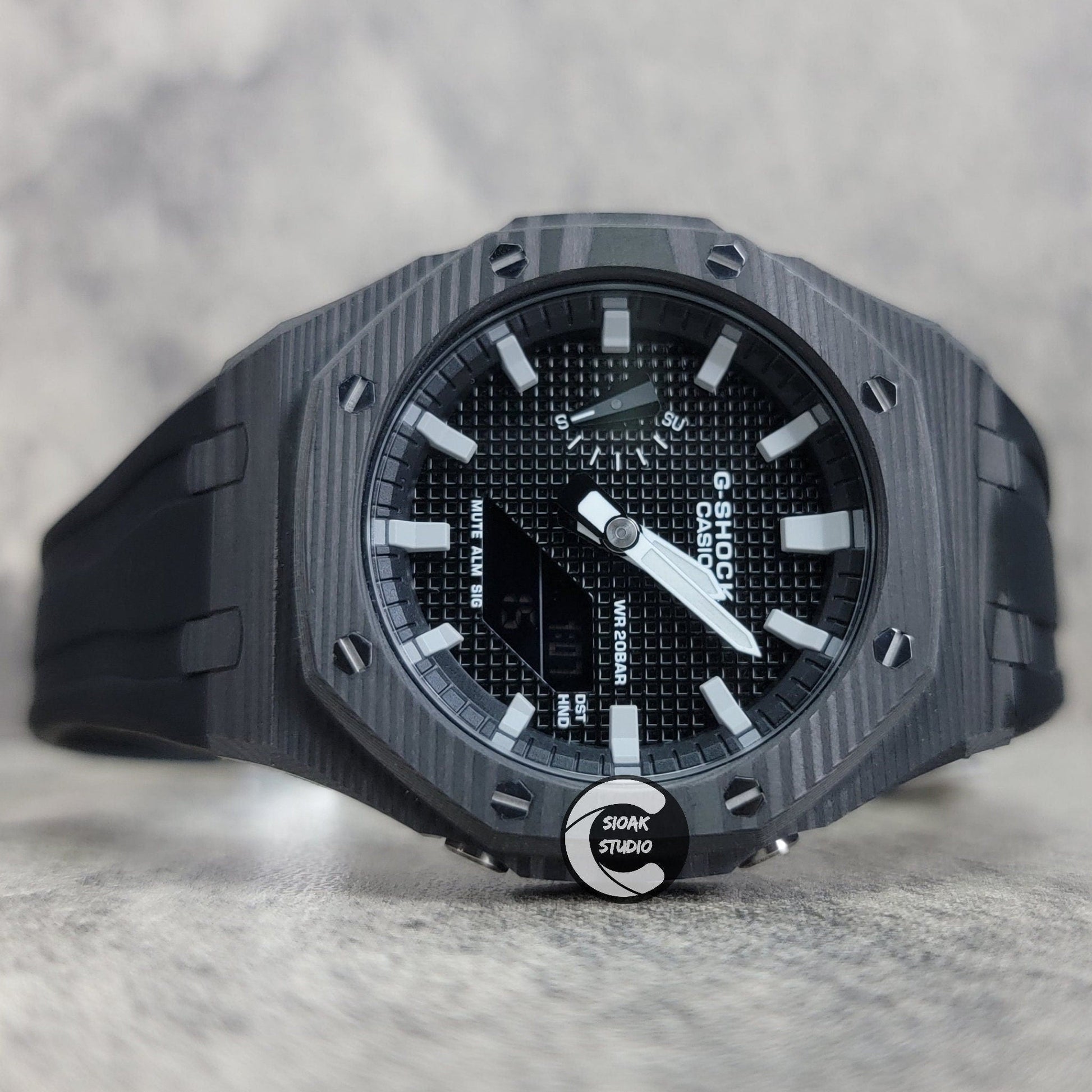 Casioak Mod Watch Carbon Fiber Black Case Black Strap Black Grey Time Mark Black Waffle Dial 44mm- Casioak Mod Casio G-Shock Royal Oak Custom Mens Luxury Watches Ga2100