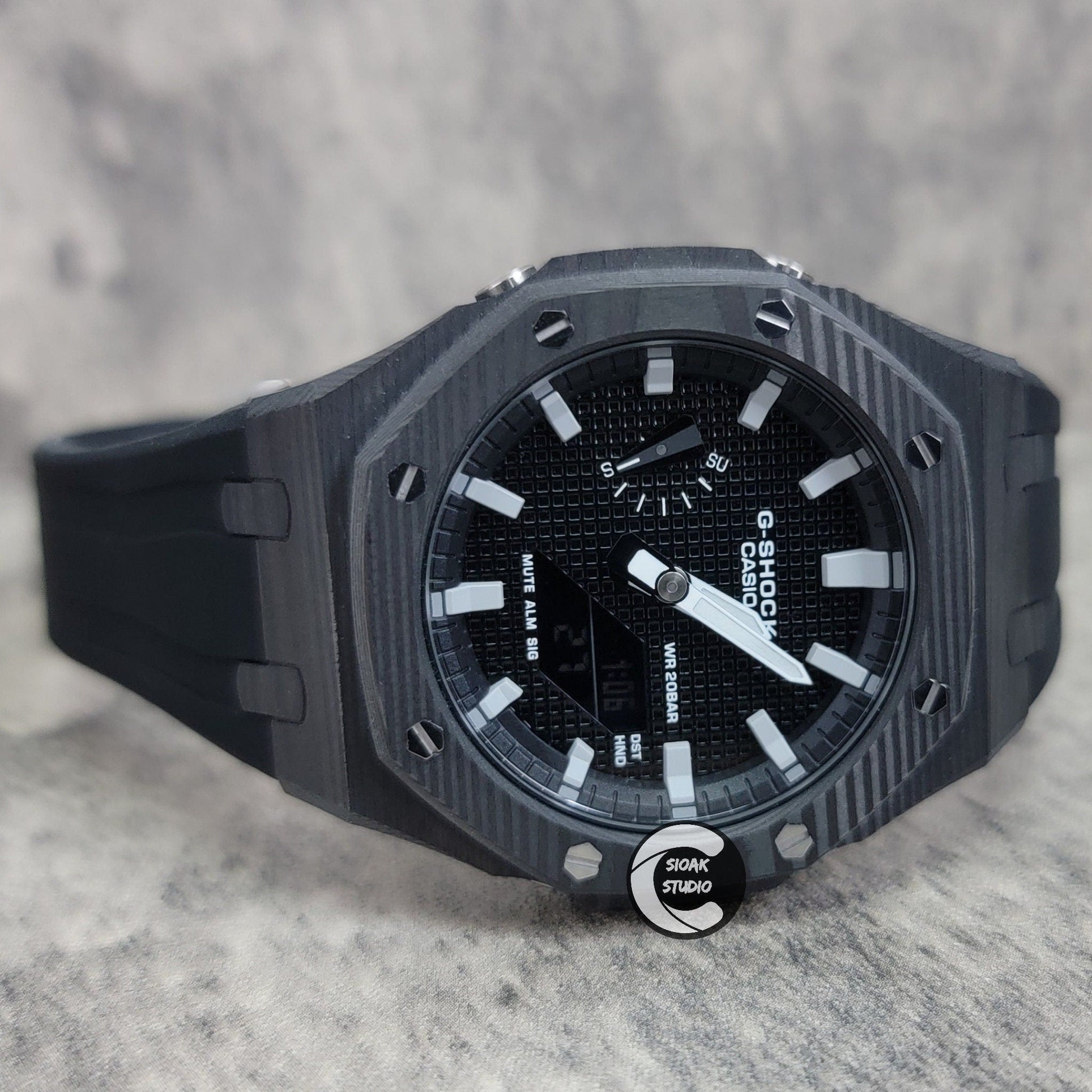 Casioak Mod Watch Carbon Fiber Black Case Black Strap Black Grey Time Mark Black Waffle Dial 44mm- Casioak Mod Casio G-Shock Royal Oak Custom Mens Luxury Watches Ga2100