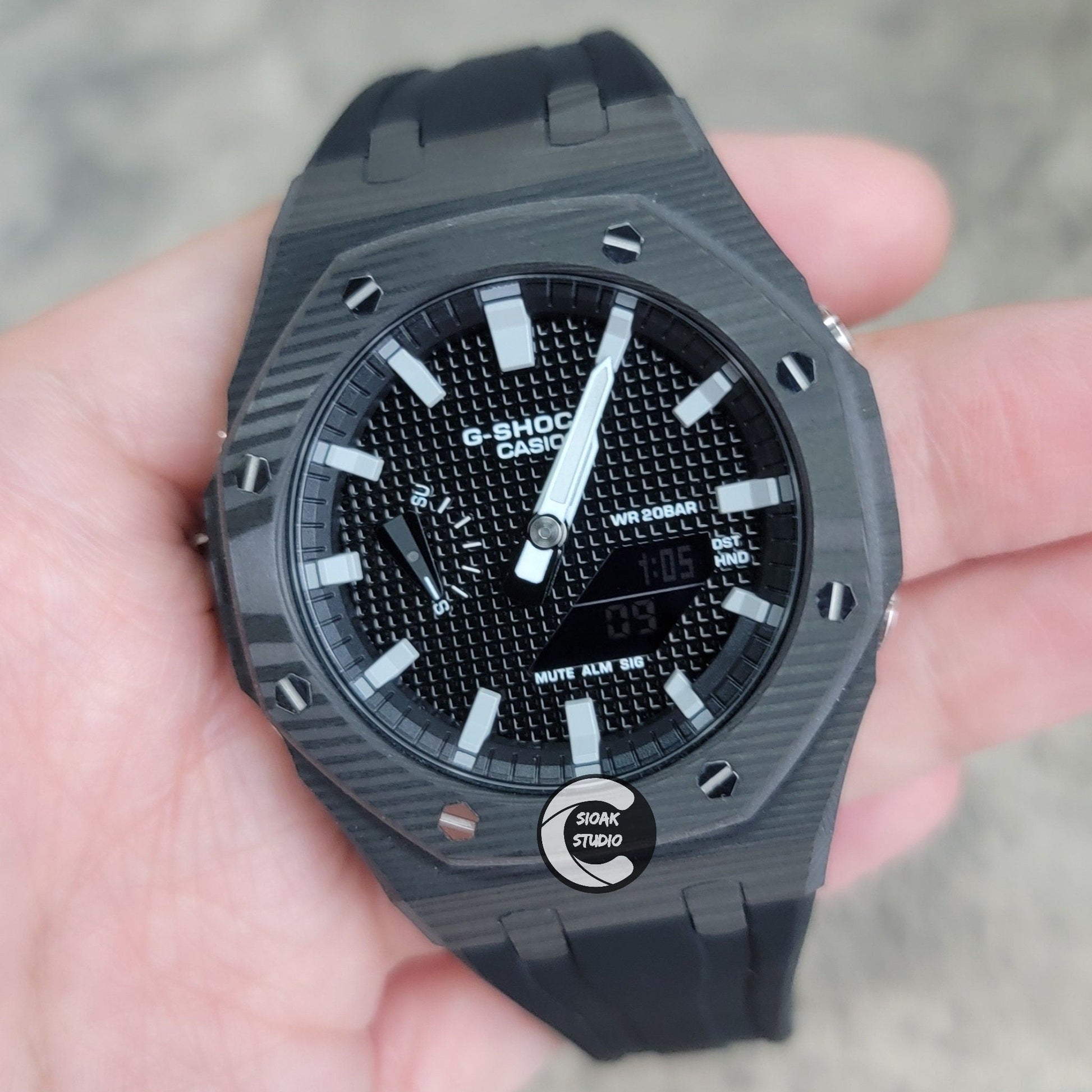 Casioak Mod Watch Carbon Fiber Black Case Black Strap Black Grey Time Mark Black Waffle Dial 44mm- Casioak Mod Casio G-Shock Royal Oak Custom Mens Luxury Watches Ga2100