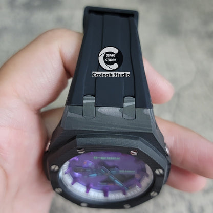 Casioak Mod Watch Carbon Fiber Black Case Black Strap Silver Purple Time Mark Purple Dial 44mm- Casioak Mod Casio G-Shock Royal Oak Custom Mens Luxury Watches Ga2100