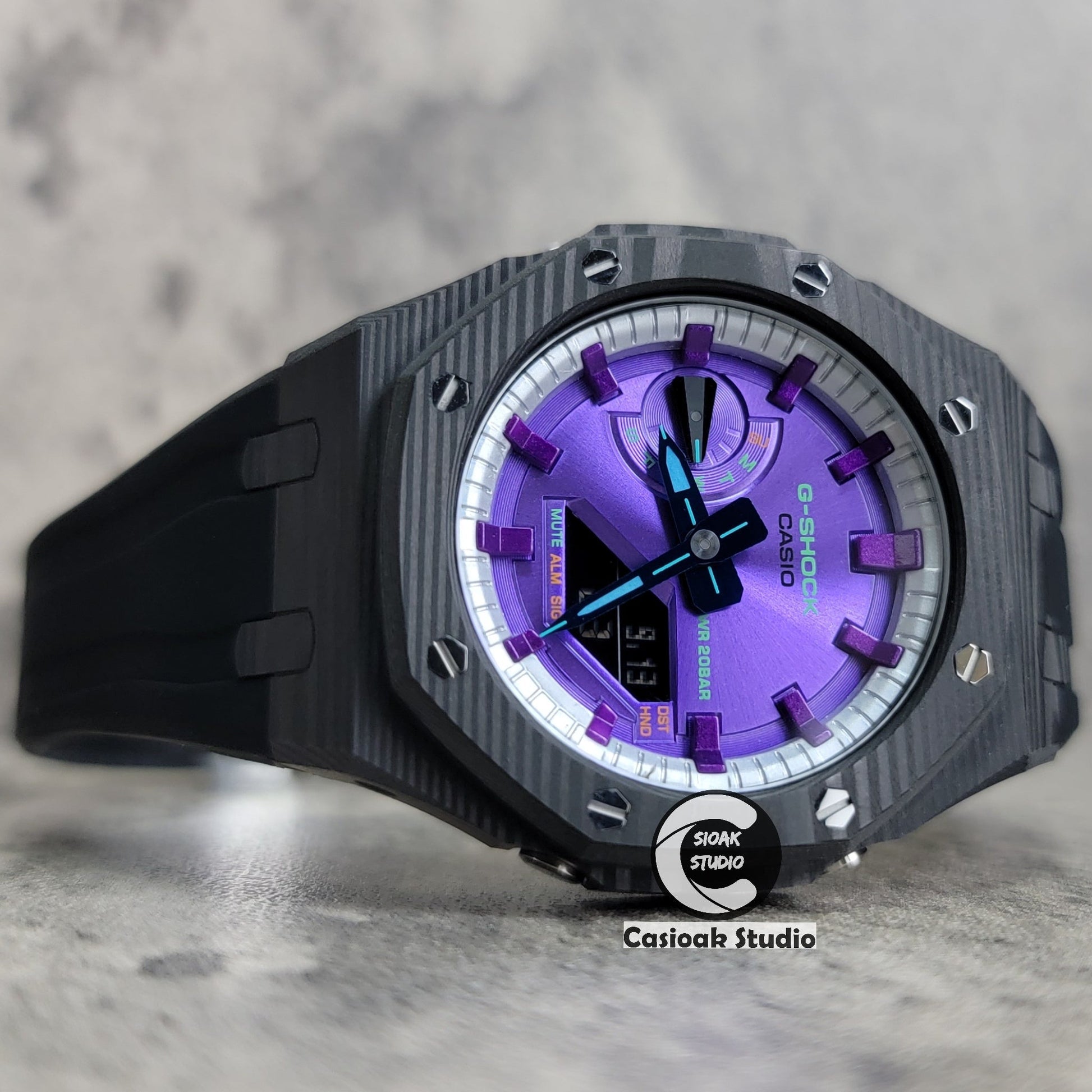 Casioak Mod Watch Carbon Fiber Black Case Black Strap Silver Purple Time Mark Purple Dial 44mm- Casioak Mod Casio G-Shock Royal Oak Custom Mens Luxury Watches Ga2100