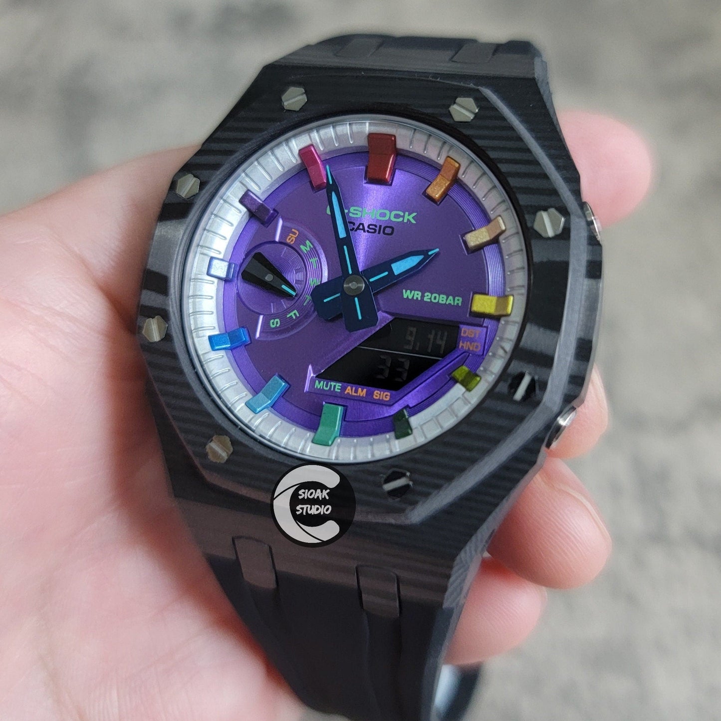 Casioak Mod Watch Carbon Fiber Black Case Black Strap Silver Rainbow Time Mark Purple Dial 44mm- Casioak Mod Casio G-Shock Royal Oak Custom Mens Luxury Watches Ga2100