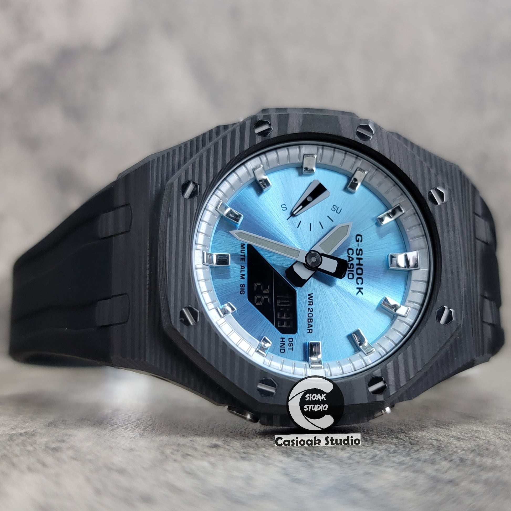 Casioak Mod Watch Carbon Fiber Black Case Black Strap Silver Time Mark Bllue Dial 44mm- Casioak Mod Casio G-Shock Royal Oak Custom Mens Luxury Watches Ga2100