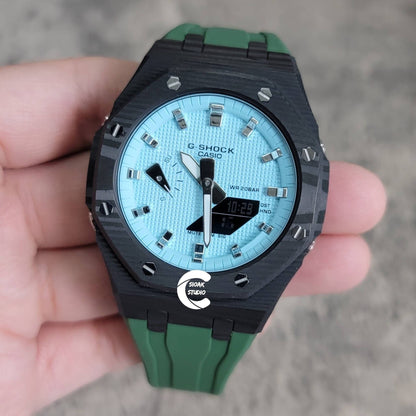 Casioak Mod Watch Carbon Fiber Black Case Green Strap Tiff Silver Time Mark Tiff Dial 44mm- Casioak Mod Casio G-Shock Royal Oak Custom Mens Luxury Watches Ga2100