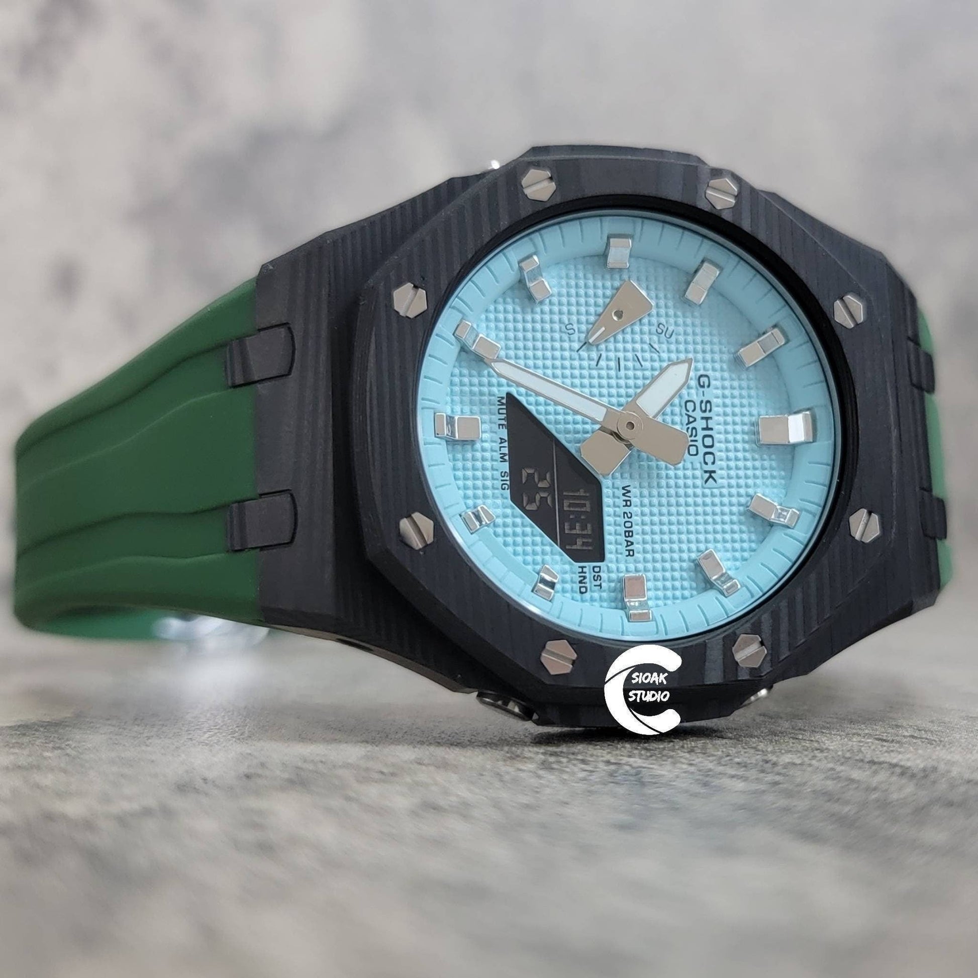 Casioak Mod Watch Carbon Fiber Black Case Green Strap Tiff Silver Time Mark Tiff Dial 44mm- Casioak Mod Casio G-Shock Royal Oak Custom Mens Luxury Watches Ga2100