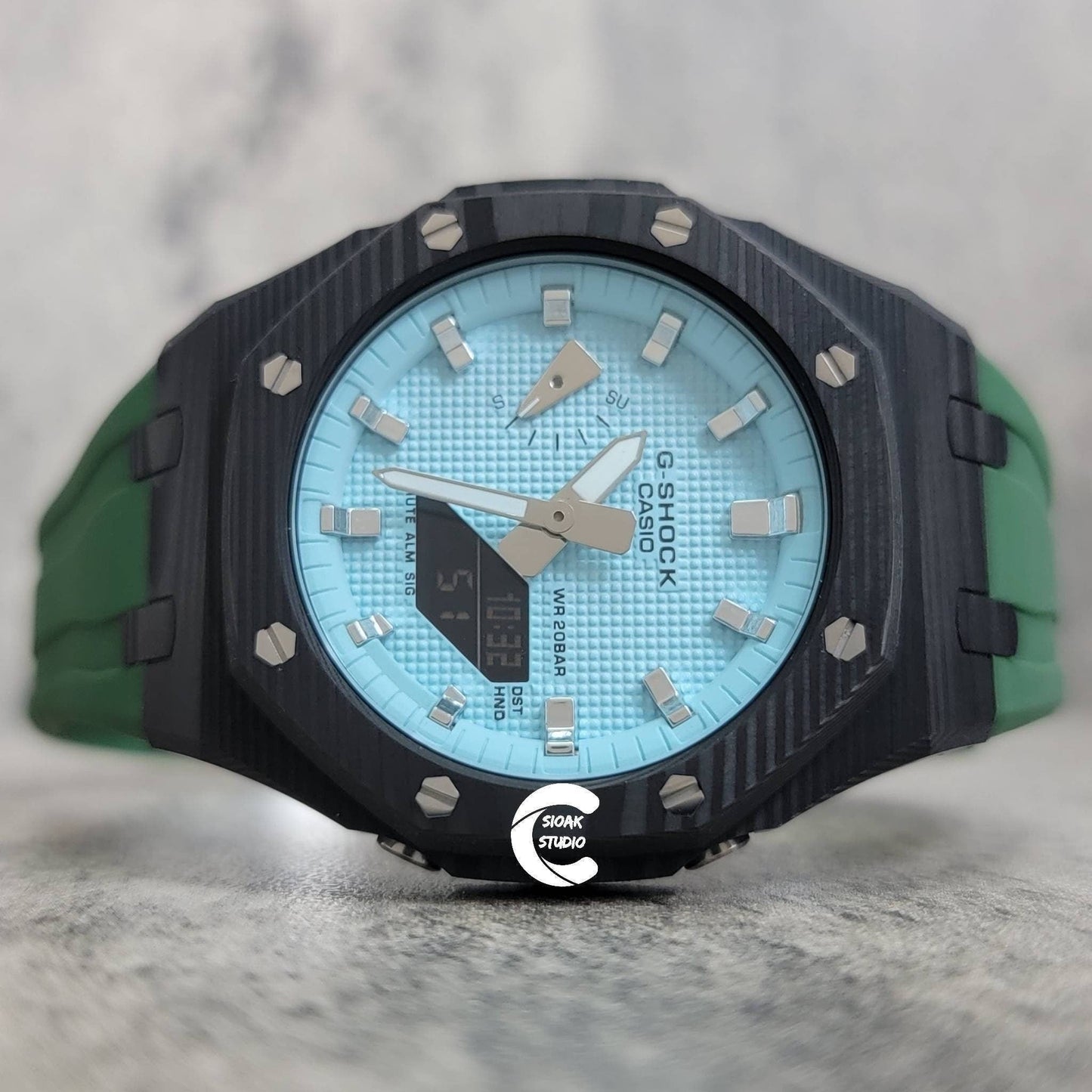 Casioak Mod Watch Carbon Fiber Black Case Green Strap Tiff Silver Time Mark Tiff Dial 44mm- Casioak Mod Casio G-Shock Royal Oak Custom Mens Luxury Watches Ga2100