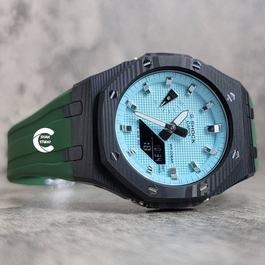 Casioak Mod Watch Carbon Fiber Black Case Green Strap Tiff Silver Time Mark Tiff Dial 44mm- Casioak Mod Casio G-Shock Royal Oak Custom Mens Luxury Watches Ga2100