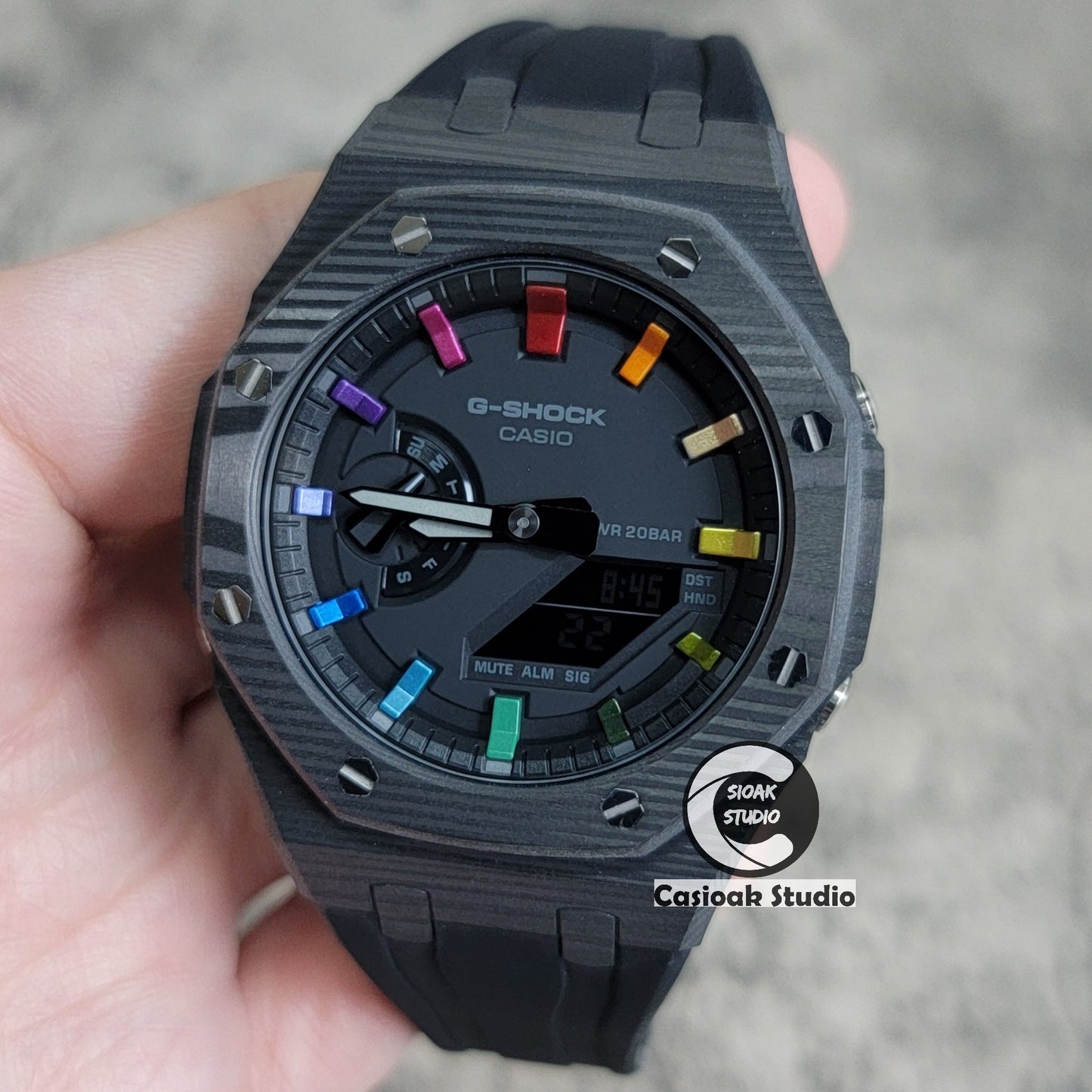 Casioak Mod Watch Carbon Fiber Case Black Strap Black Rainbow Time Mark Black Dial 44mm- Casioak Mod Casio G-Shock Royal Oak Custom Mens Luxury Watches Ga2100