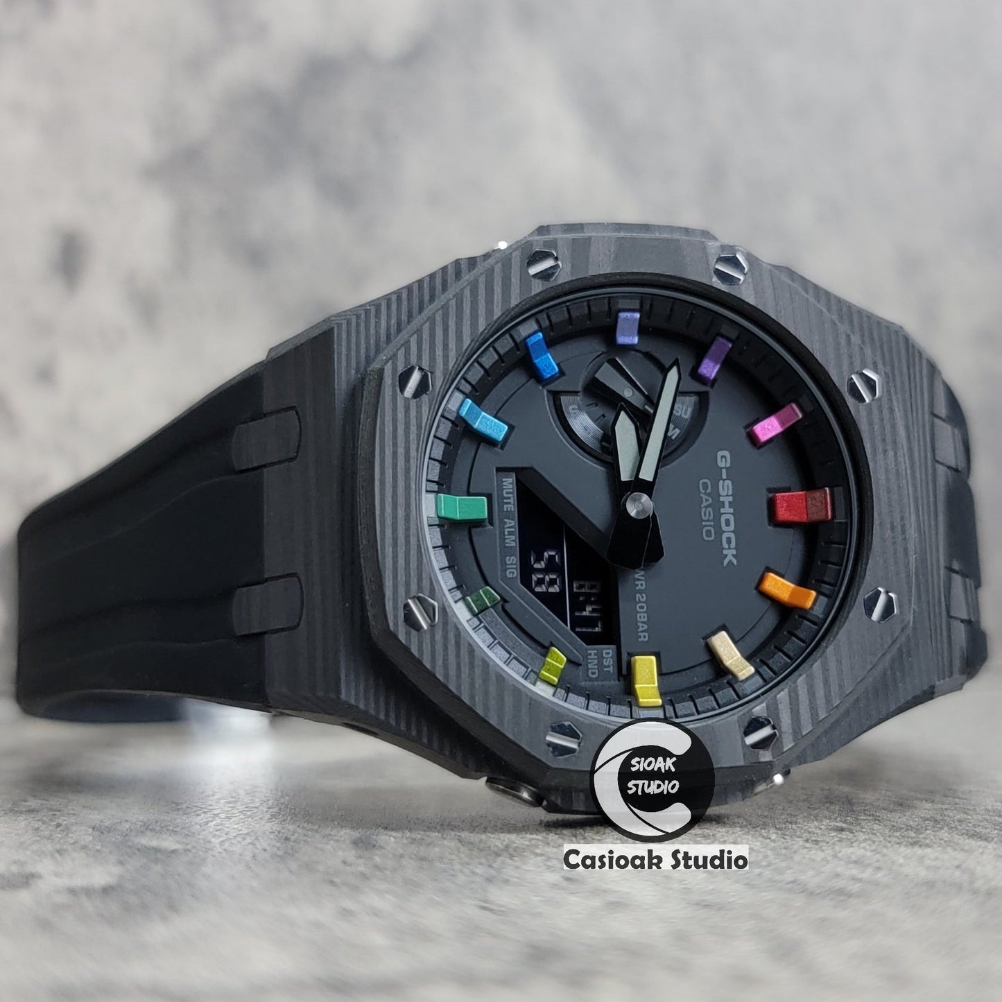 Casioak Mod Watch Carbon Fiber Case Black Strap Black Rainbow Time Mark Black Dial 44mm- Casioak Mod Casio G-Shock Royal Oak Custom Mens Luxury Watches Ga2100