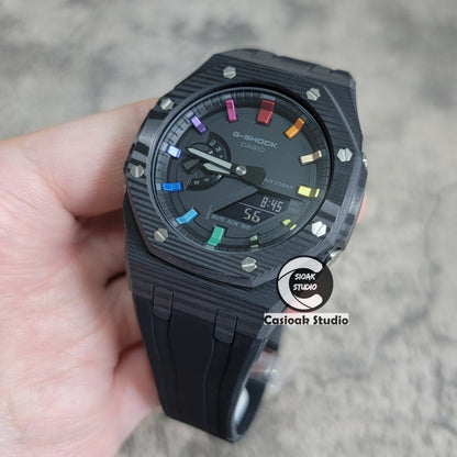 Casioak Mod Watch Carbon Fiber Case Black Strap Black Rainbow Time Mark Black Dial 44mm- Casioak Mod Casio G-Shock Royal Oak Custom Mens Luxury Watches Ga2100