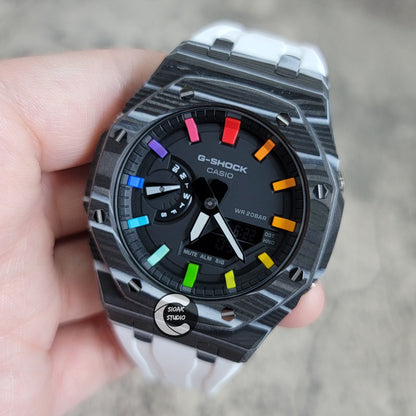 Casioak Mod Watch Carbon Fiber Case White Strap Black Rainbow Time Mark Black Dial 44mm- Casioak Mod Casio G-Shock Royal Oak Custom Mens Luxury Watches Ga2100