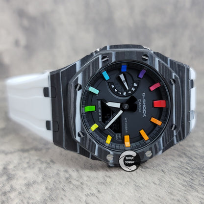 Casioak Mod Watch Carbon Fiber Case White Strap Black Rainbow Time Mark Black Dial 44mm- Casioak Mod Casio G-Shock Royal Oak Custom Mens Luxury Watches Ga2100