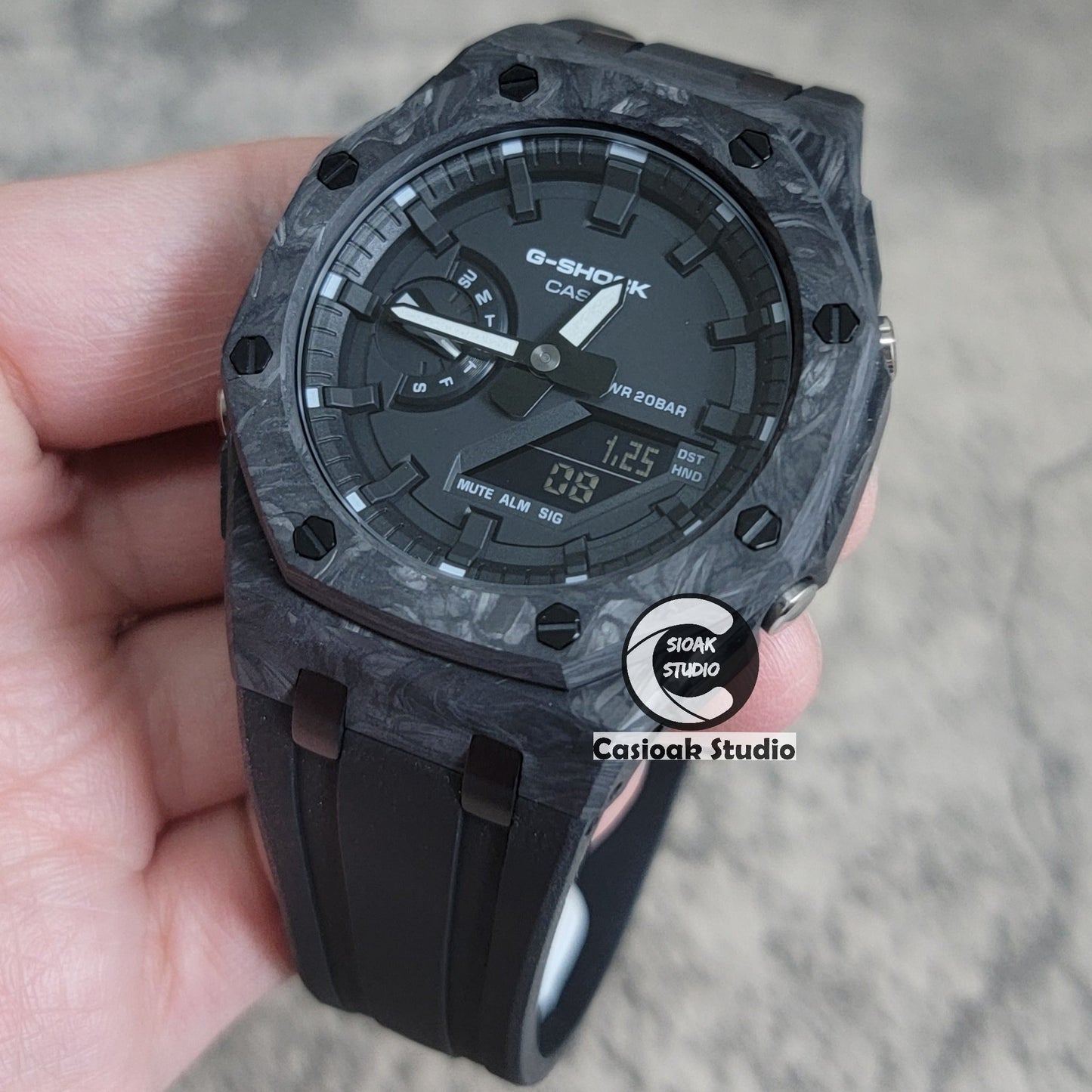 Casioak Mod Watch Carbon Fiber Offshore Superior Black Case Black Strap Black Time Mark Black Dial 44mm- Casioak Mod Casio G-Shock Royal Oak Custom Mens Luxury Watches Ga2100