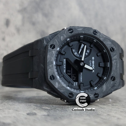 Casioak Mod Watch Carbon Fiber Offshore Superior Black Case Black Strap Black Time Mark Black Dial 44mm- Casioak Mod Casio G-Shock Royal Oak Custom Mens Luxury Watches Ga2100