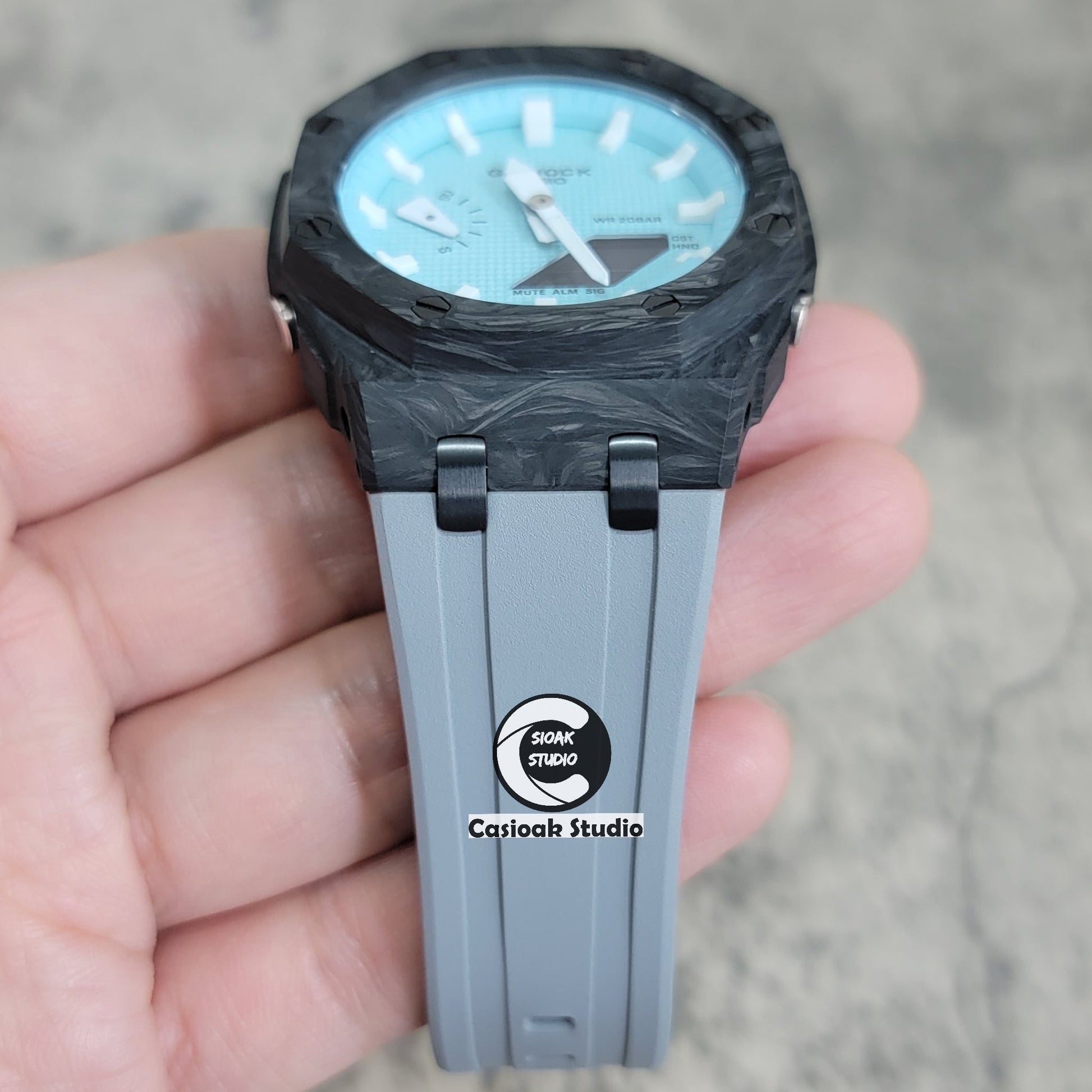 Casioak Mod Watch Carbon Fiber Offshore Superior Black Case Gray Strap Blue White Time Mark Tiff Blue Dial 44mm- Casioak Mod Casio G-Shock Royal Oak Custom Mens Luxury Watches Ga2100