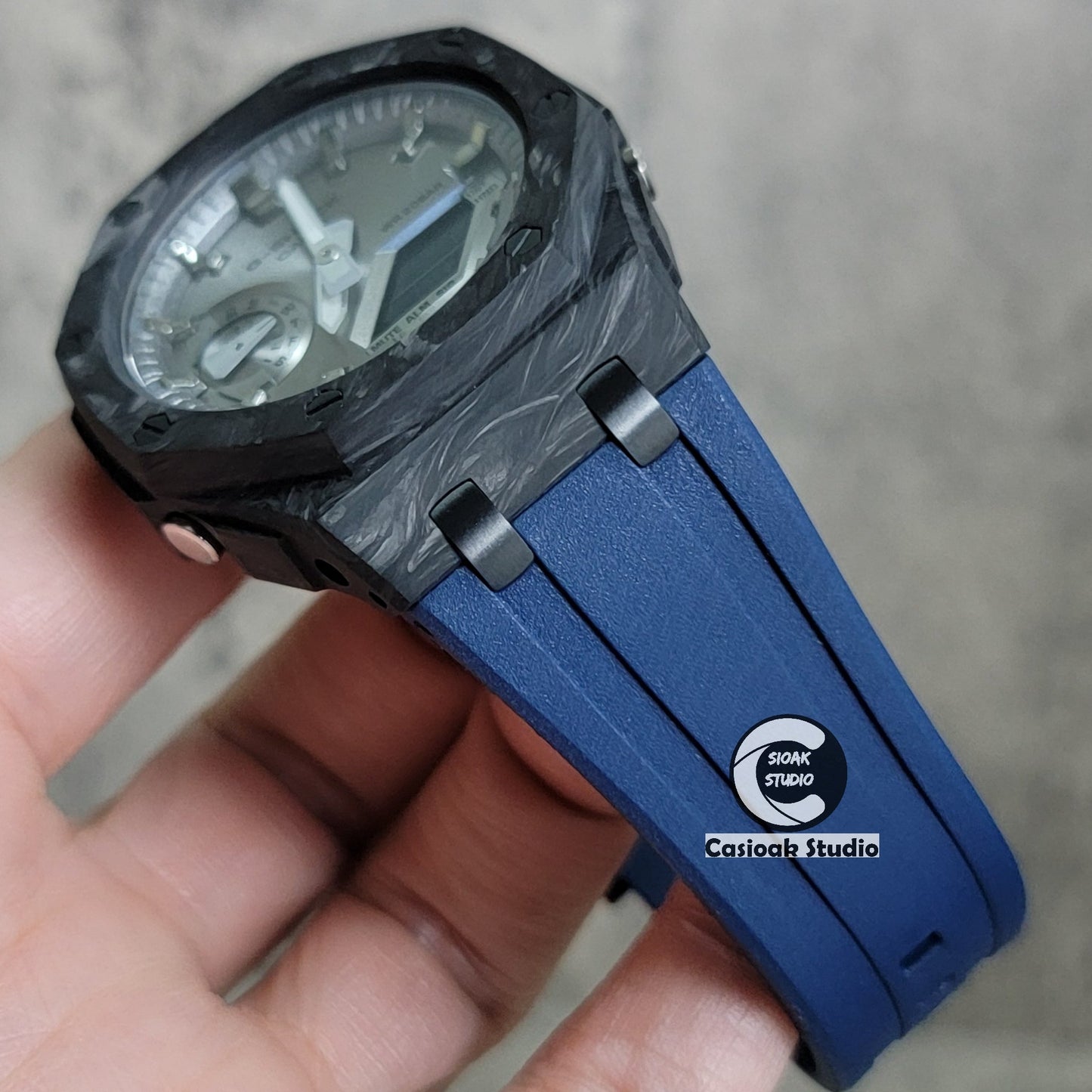 Casioak Mod Watch Carbon Fiber Offshore Superior Black Case Navy Strap Silver Grey Time Mark Silver Grey Dial 44mm- Casioak Mod Casio G-Shock Royal Oak Custom Mens Luxury Watches Ga2100