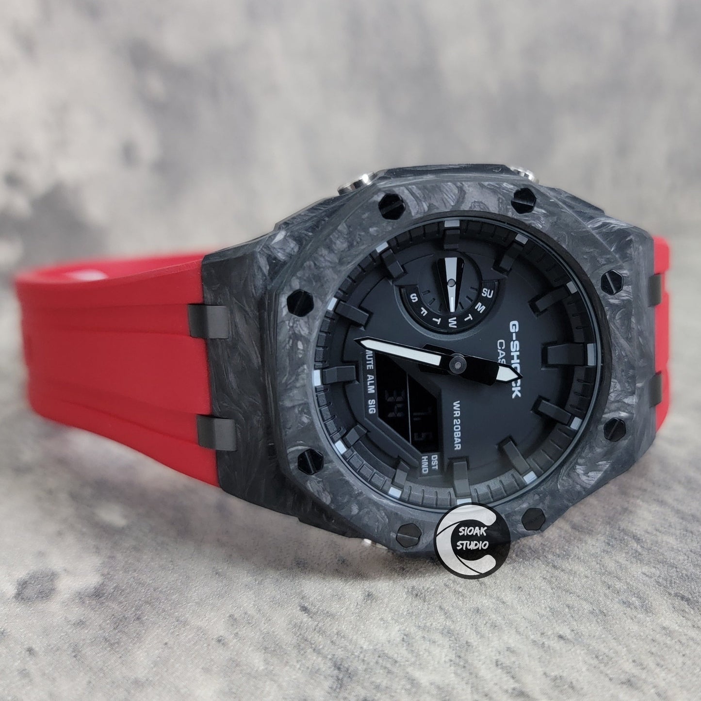 Casioak Mod Watch Carbon Fiber Offshore Superior Black Case Red Strap Black Time Mark Black Dial 44mm- Casioak Mod Casio G-Shock Royal Oak Custom Mens Luxury Watches Ga2100