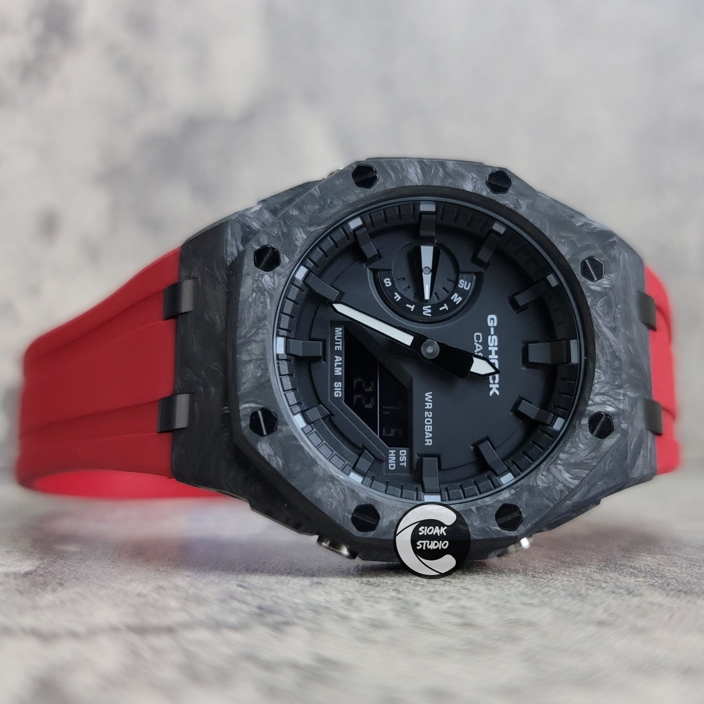 Casioak Mod Watch Carbon Fiber Offshore Superior Black Case Red Strap Black Time Mark Black Dial 44mm- Casioak Mod Casio G-Shock Royal Oak Custom Mens Luxury Watches Ga2100