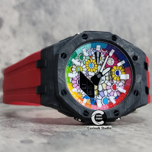 Casioak Mod Watch Carbon Fiber Offshore Superior Black Case Red Strap Blue Rainbow White Time Mark Takashi Murakami Dial 44mm- Casioak Mod Casio G-Shock Royal Oak Custom Mens Luxury Watches Ga2100