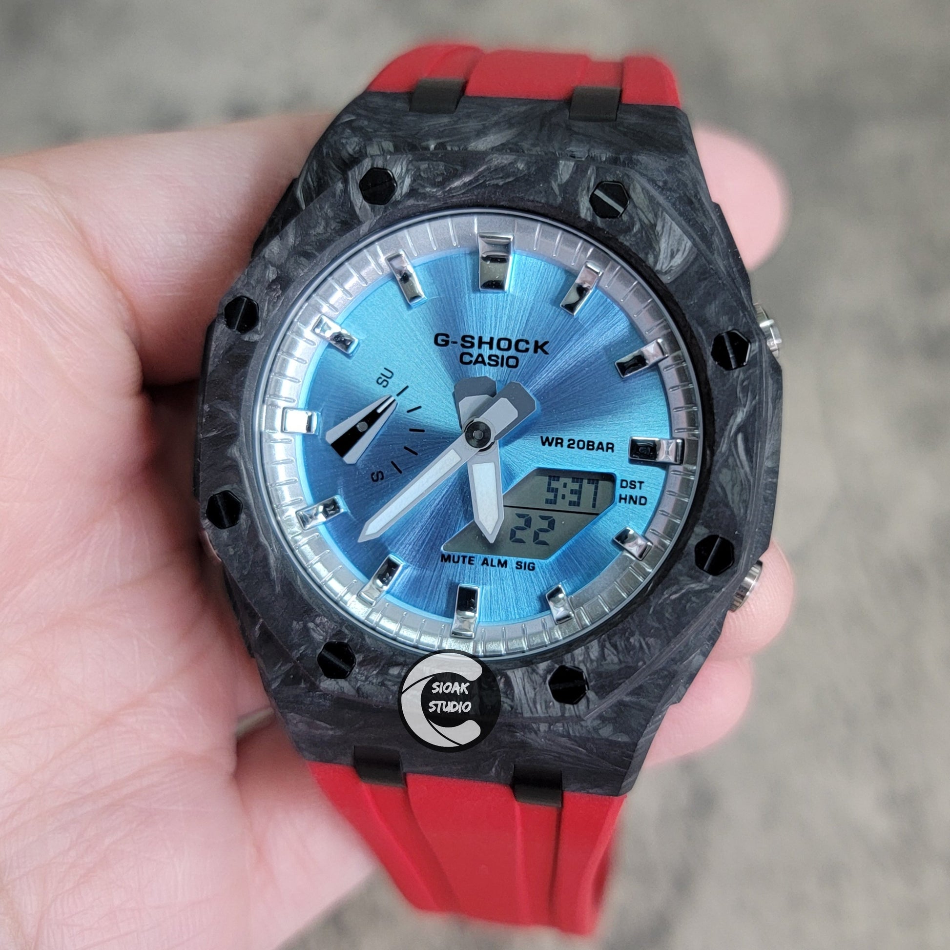 Casioak Mod Watch Carbon Fiber Offshore Superior Black Case Red Strap Silver Time Mark Ice Blue Dial 44mm- Casioak Mod Casio G-Shock Royal Oak Custom Mens Luxury Watches Ga2100