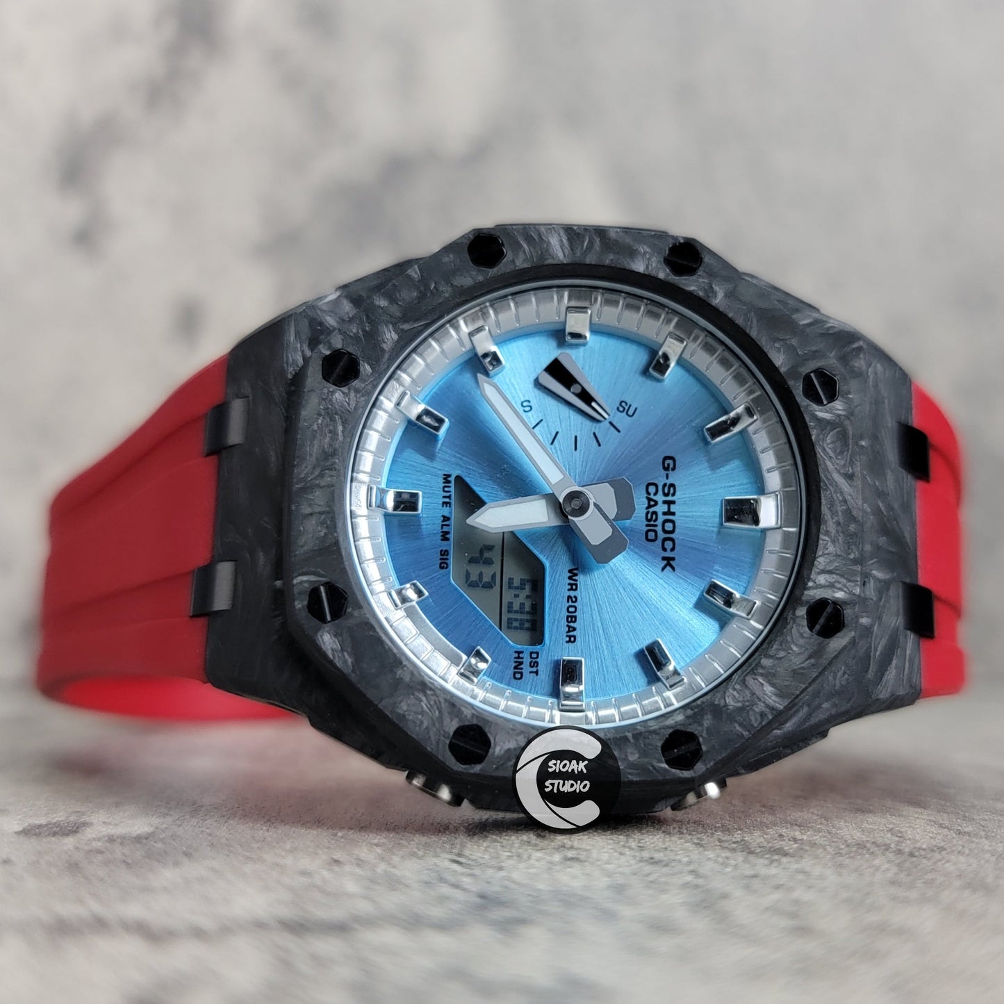 Casioak Mod Watch Carbon Fiber Offshore Superior Black Case Red Strap Silver Time Mark Ice Blue Dial 44mm- Casioak Mod Casio G-Shock Royal Oak Custom Mens Luxury Watches Ga2100