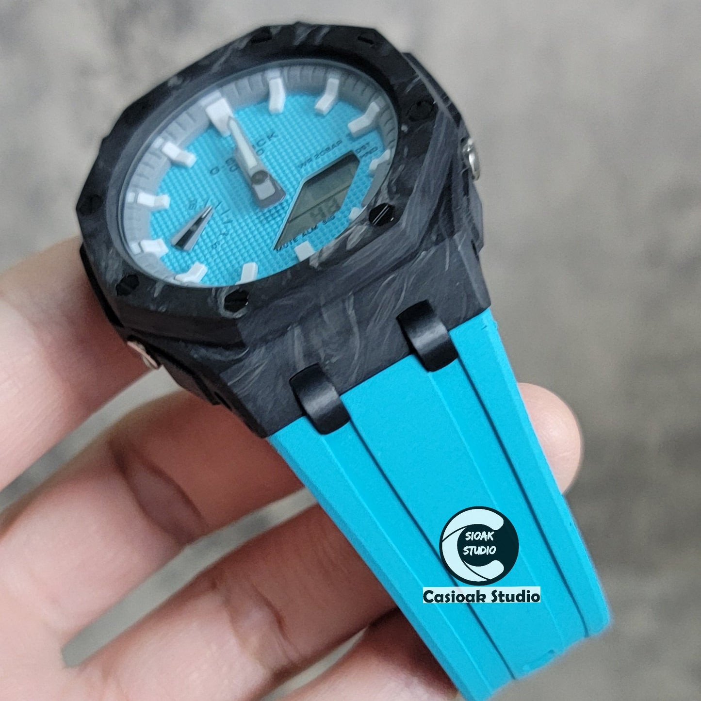 Casioak Mod Watch Carbon Fiber Offshore Superior Black Case Tiff Blue Strap Gray White Time Mark Tiff Blue Dial 44mm- Casioak Mod Casio G-Shock Royal Oak Custom Mens Luxury Watches Ga2100