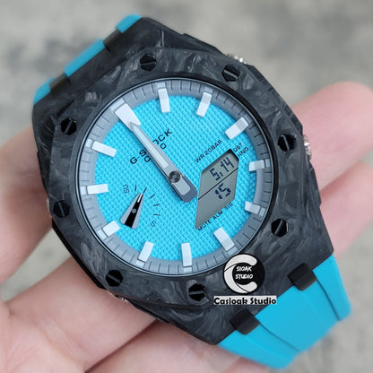 Casioak Mod Watch Carbon Fiber Offshore Superior Black Case Tiff Blue Strap Gray White Time Mark Tiff Blue Dial 44mm- Casioak Mod Casio G-Shock Royal Oak Custom Mens Luxury Watches Ga2100