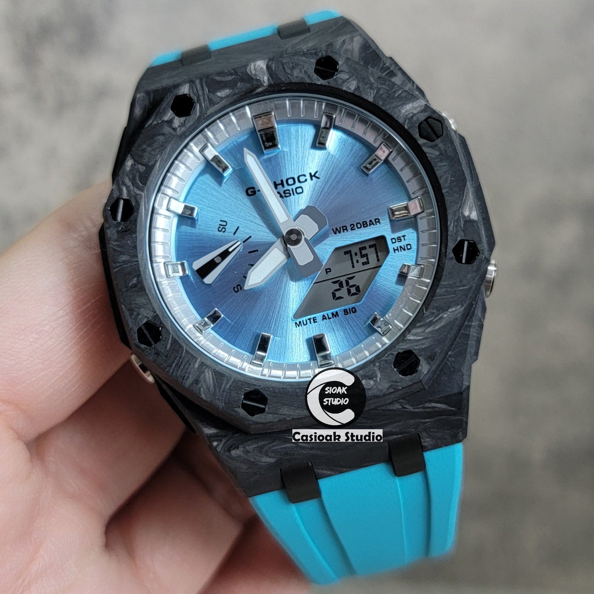 Casioak Mod Watch Carbon Fiber Offshore Superior Black Case Tiff Blue Strap Silver Time Mark Blue Dial 44mm- Casioak Mod Casio G-Shock Royal Oak Custom Mens Luxury Watches Ga2100