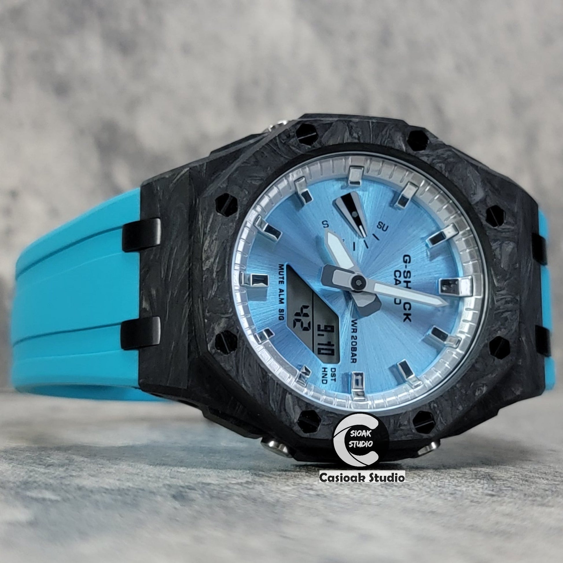 Casioak Mod Watch Carbon Fiber Offshore Superior Black Case Tiff Blue Strap Silver Time Mark Blue Dial 44mm- Casioak Mod Casio G-Shock Royal Oak Custom Mens Luxury Watches Ga2100