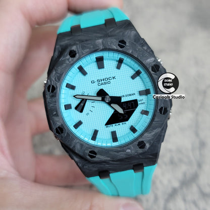 Casioak Mod Watch Carbon Fiber Offshore Superior Black Case Tiff Rubber Strap Tiff Blue Time Mark Black Dial 44mm- Casioak Mod Casio G-Shock Royal Oak Custom Mens Luxury Watches Ga2100