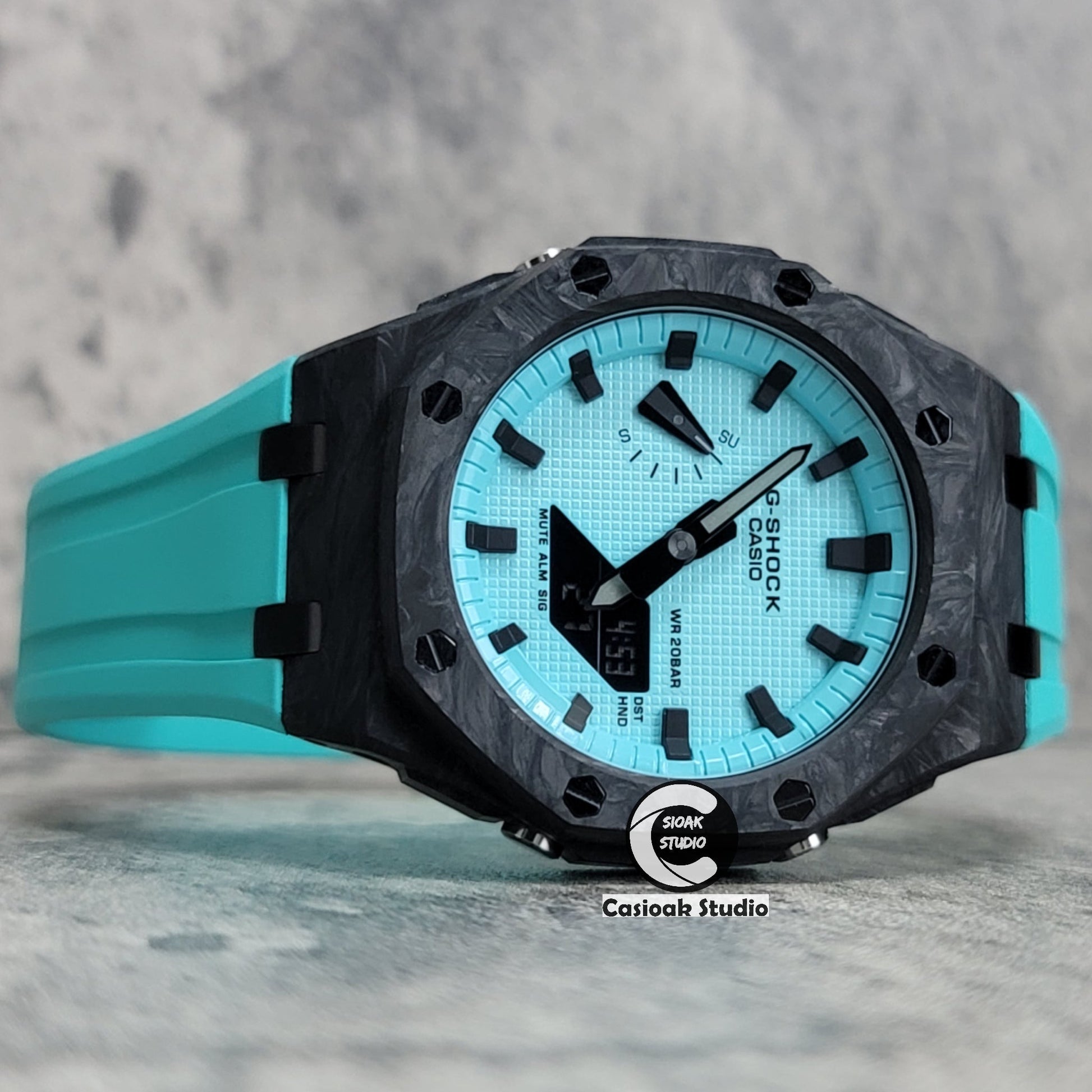 Casioak Mod Watch Carbon Fiber Offshore Superior Black Case Tiff Rubber Strap Tiff Blue Time Mark Black Dial 44mm- Casioak Mod Casio G-Shock Royal Oak Custom Mens Luxury Watches Ga2100