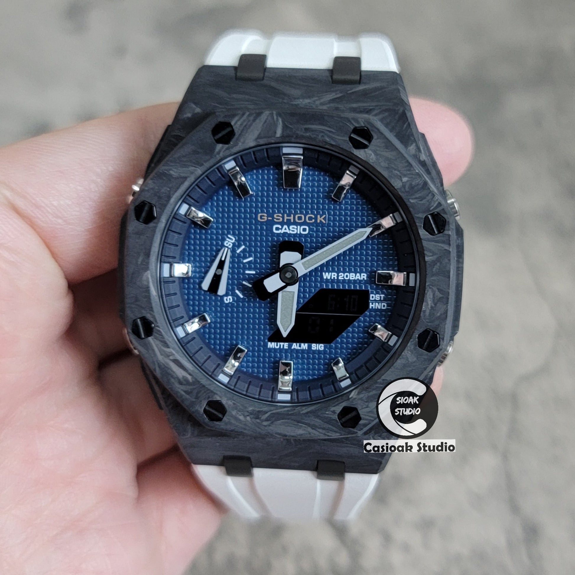 Casioak Mod Watch Carbon Fiber Offshore Superior Black Case White Strap Black Silver Time Mark Blue Waffle Dial 44mm- Casioak Mod Casio G-Shock Royal Oak Custom Mens Luxury Watches Ga2100