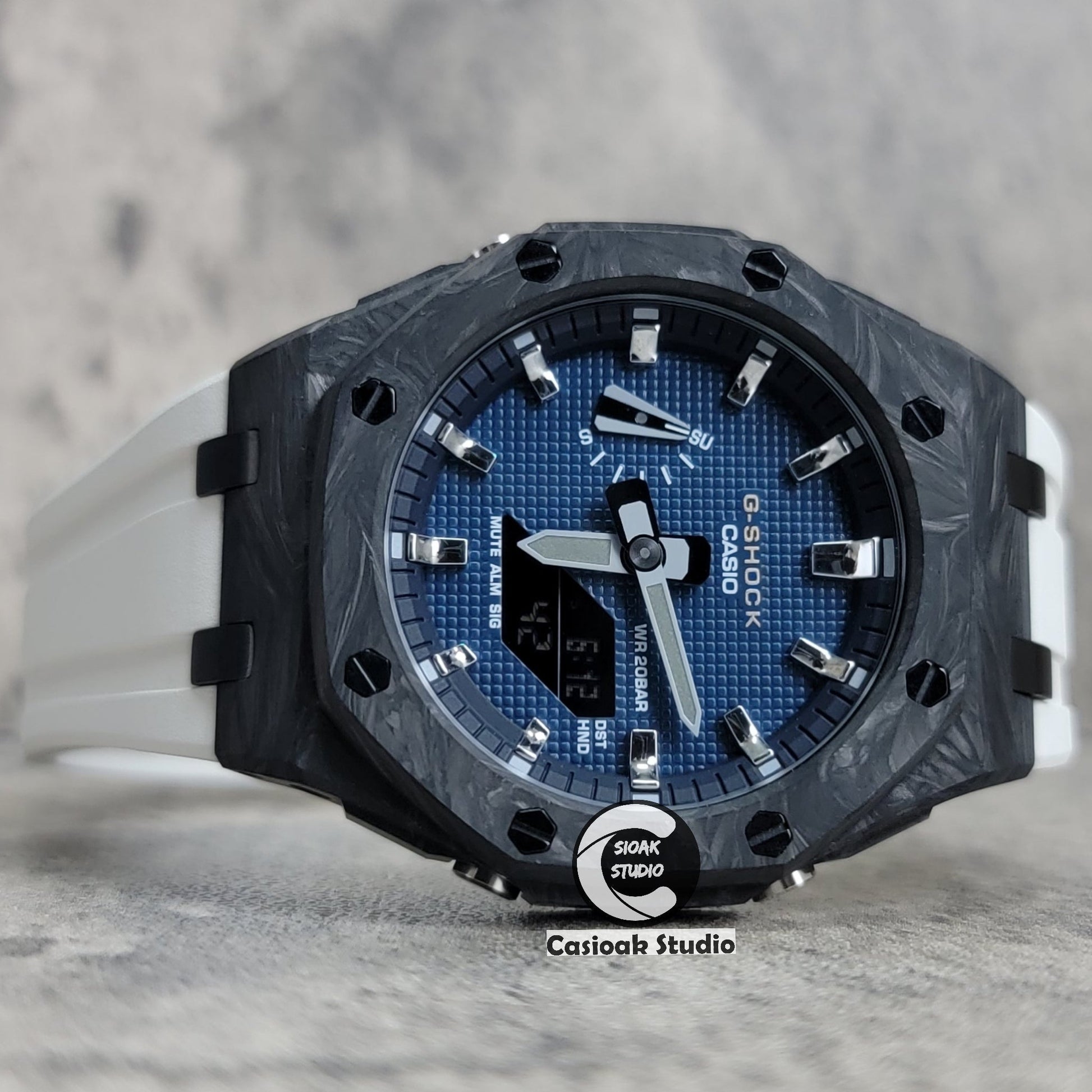 Casioak Mod Watch Carbon Fiber Offshore Superior Black Case White Strap Black Silver Time Mark Blue Waffle Dial 44mm- Casioak Mod Casio G-Shock Royal Oak Custom Mens Luxury Watches Ga2100