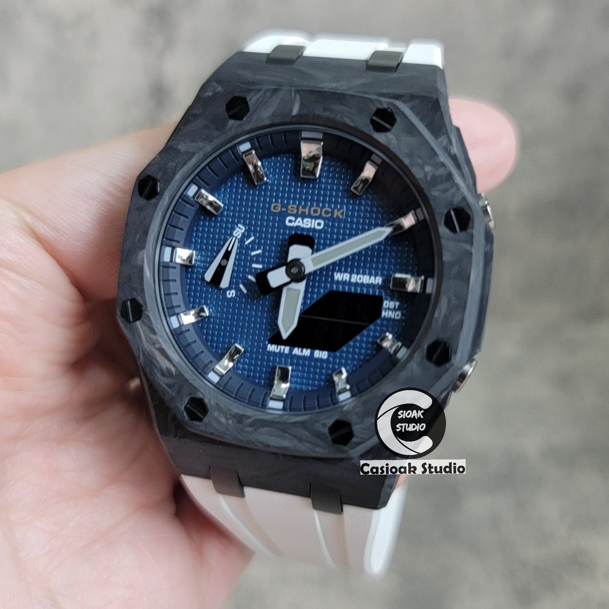 Casioak Mod Watch Carbon Fiber Offshore Superior Black Case White Strap Black Silver Time Mark Blue Waffle Dial 44mm- Casioak Mod Casio G-Shock Royal Oak Custom Mens Luxury Watches Ga2100