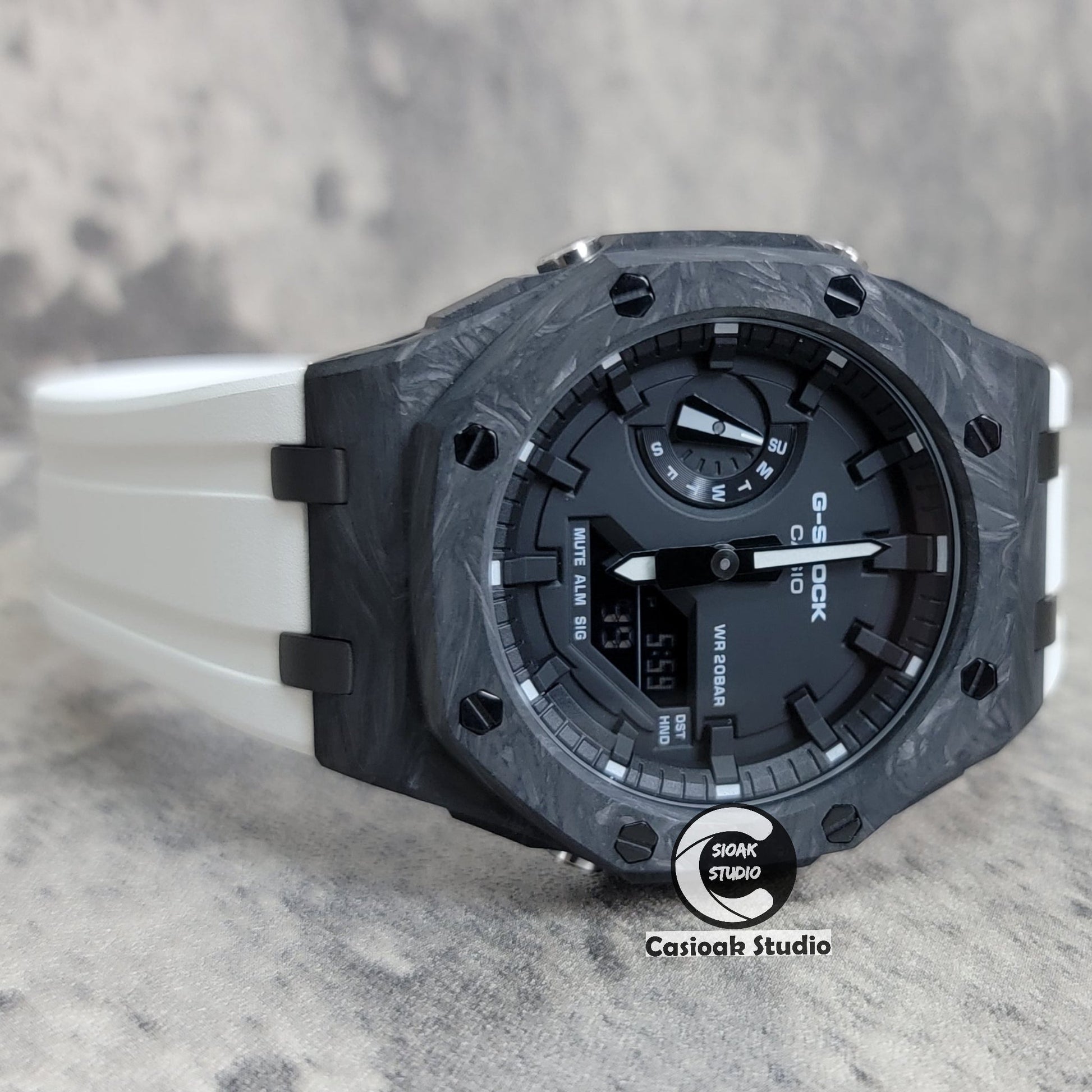 Casioak Mod Watch Carbon Fiber Offshore Superior Black Case White Strap Black Time Mark Black Dial 44mm- Casioak Mod Casio G-Shock Royal Oak Custom Mens Luxury Watches Ga2100