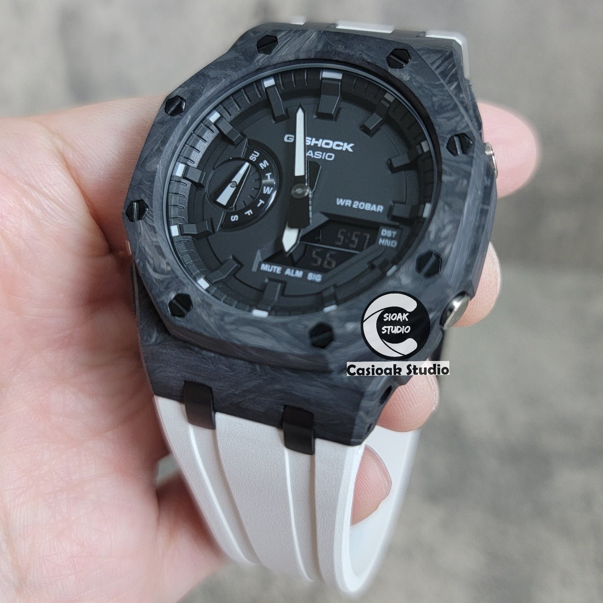 Casioak Mod Watch Carbon Fiber Offshore Superior Black Case White Strap Black Time Mark Black Dial 44mm- Casioak Mod Casio G-Shock Royal Oak Custom Mens Luxury Watches Ga2100