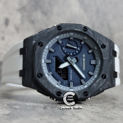 Casioak Mod Watch Carbon Fiber Offshore Superior Black Case White Strap Gray Time Mark Blue Dial 44mm- Casioak Mod Casio G-Shock Royal Oak Custom Mens Luxury Watches Ga2100